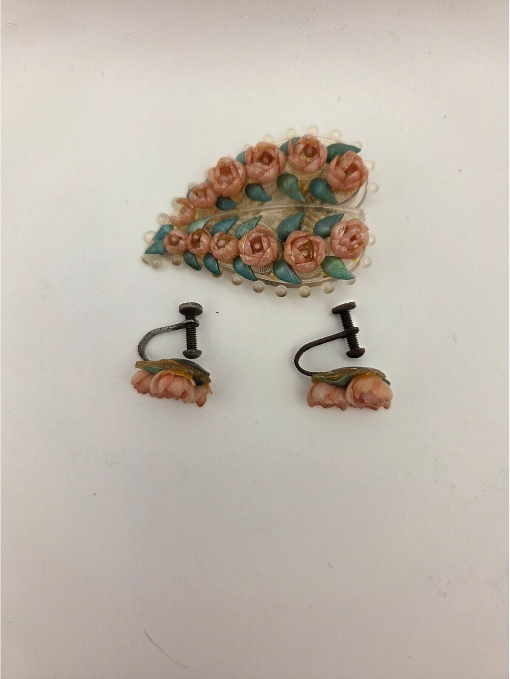Vintage 1940's Molded Rose Celluloid Brooch and Screw back Earrings Set